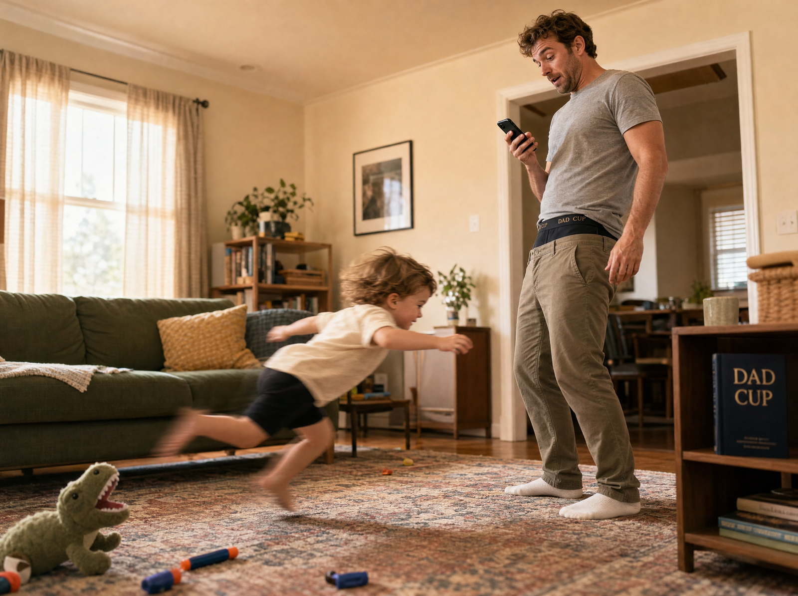 Kid launching at unguarded dad